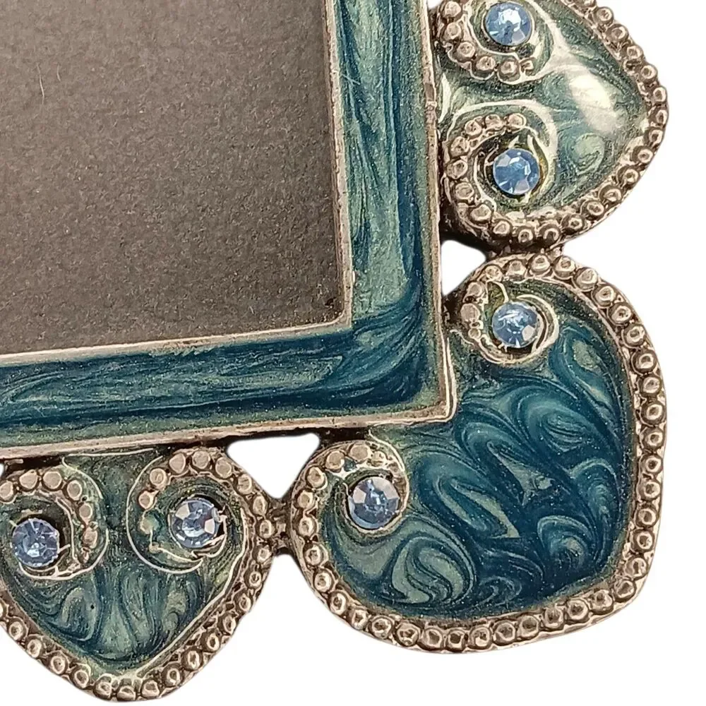 Blue & Green Enamel Swirl & Blue Rhinestones Square Miniature Photo Frame 4.5